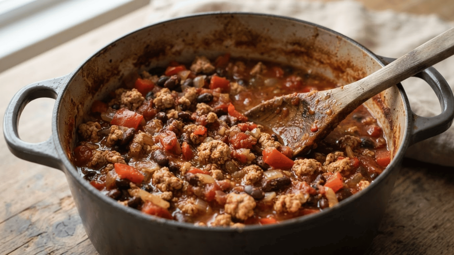 ground turkey kidney beans black beans crushed tomatoes and broth combined for turkey chili