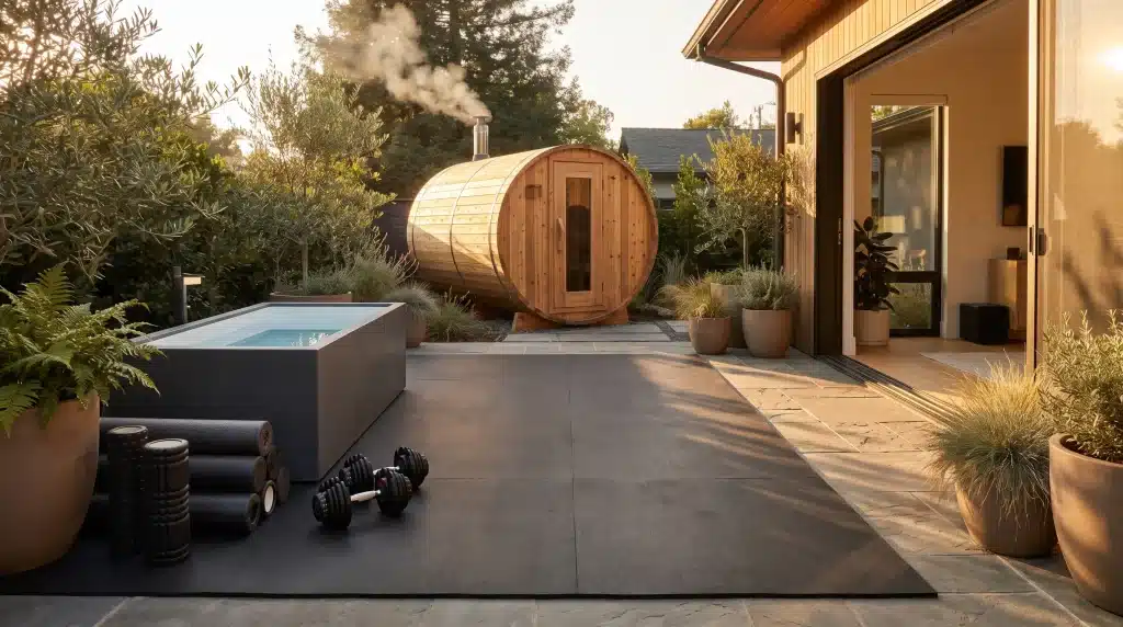 Outdoor wellness area with wooden sauna, exercise equipment, and small pool surrounded by greenery