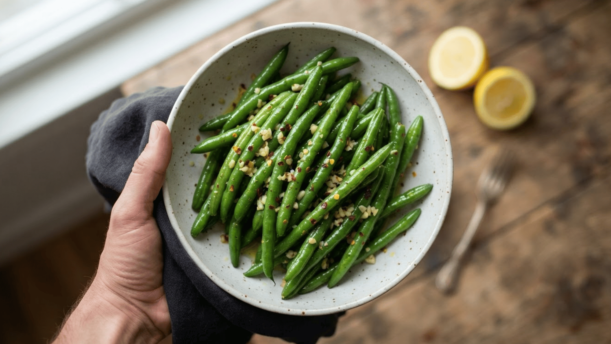 butter garlic green beans sautéed until tender with golden edges and fresh herbs for a simple savory side dish