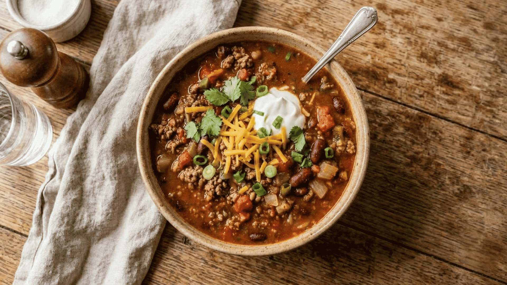 hearty beef and bean chili topped with cheese sour cream cilantro and green onions in a ceramic bowl