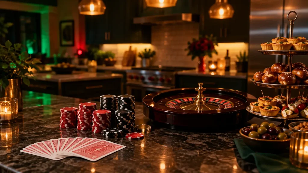 Roulette wheel, poker chips, and snacks on marble countertop in warmly lit kitchen setting