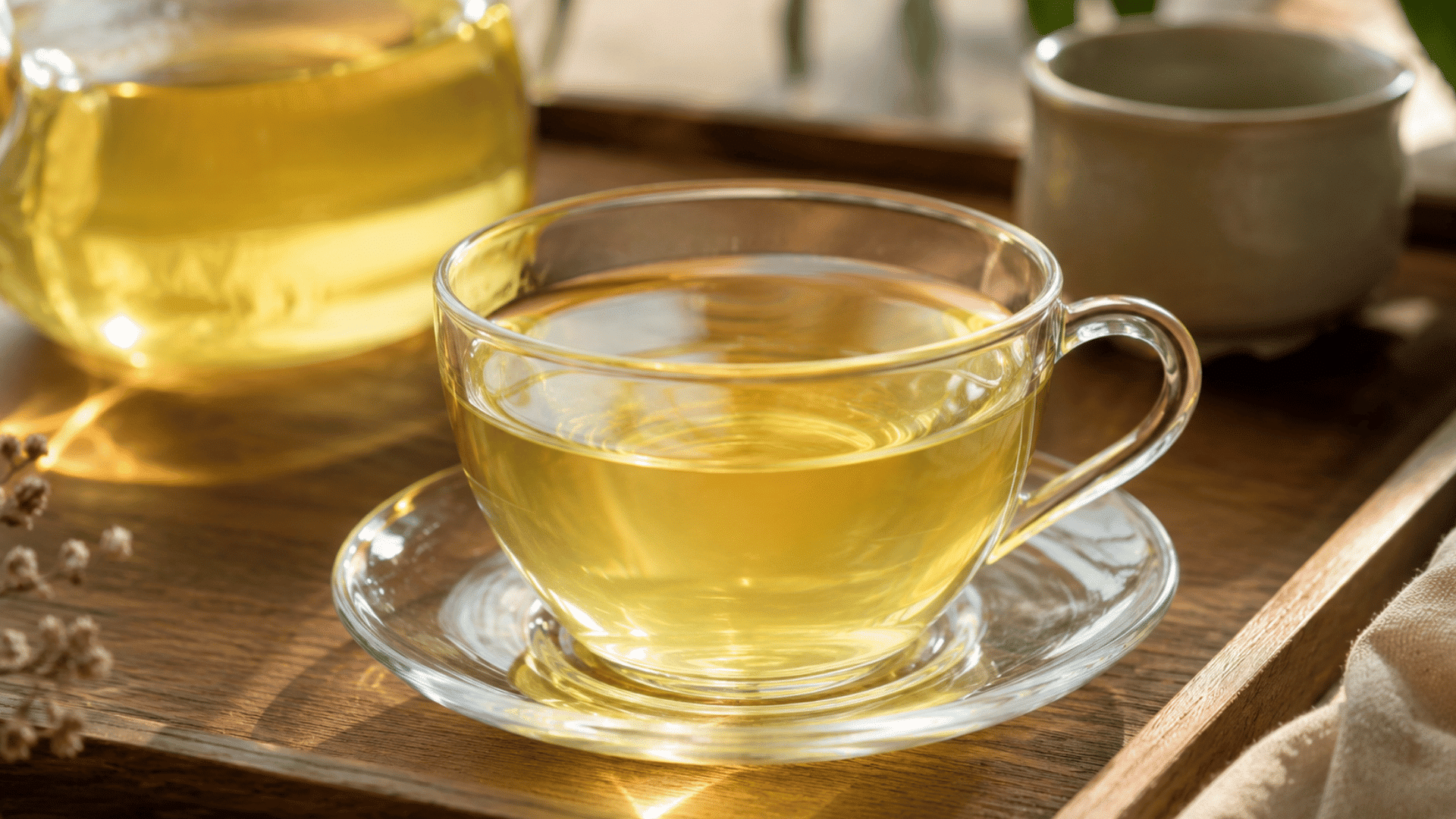 a clear cup of green tea glowing in sunlight showing green tea as a soothing drink with natural caffeine content