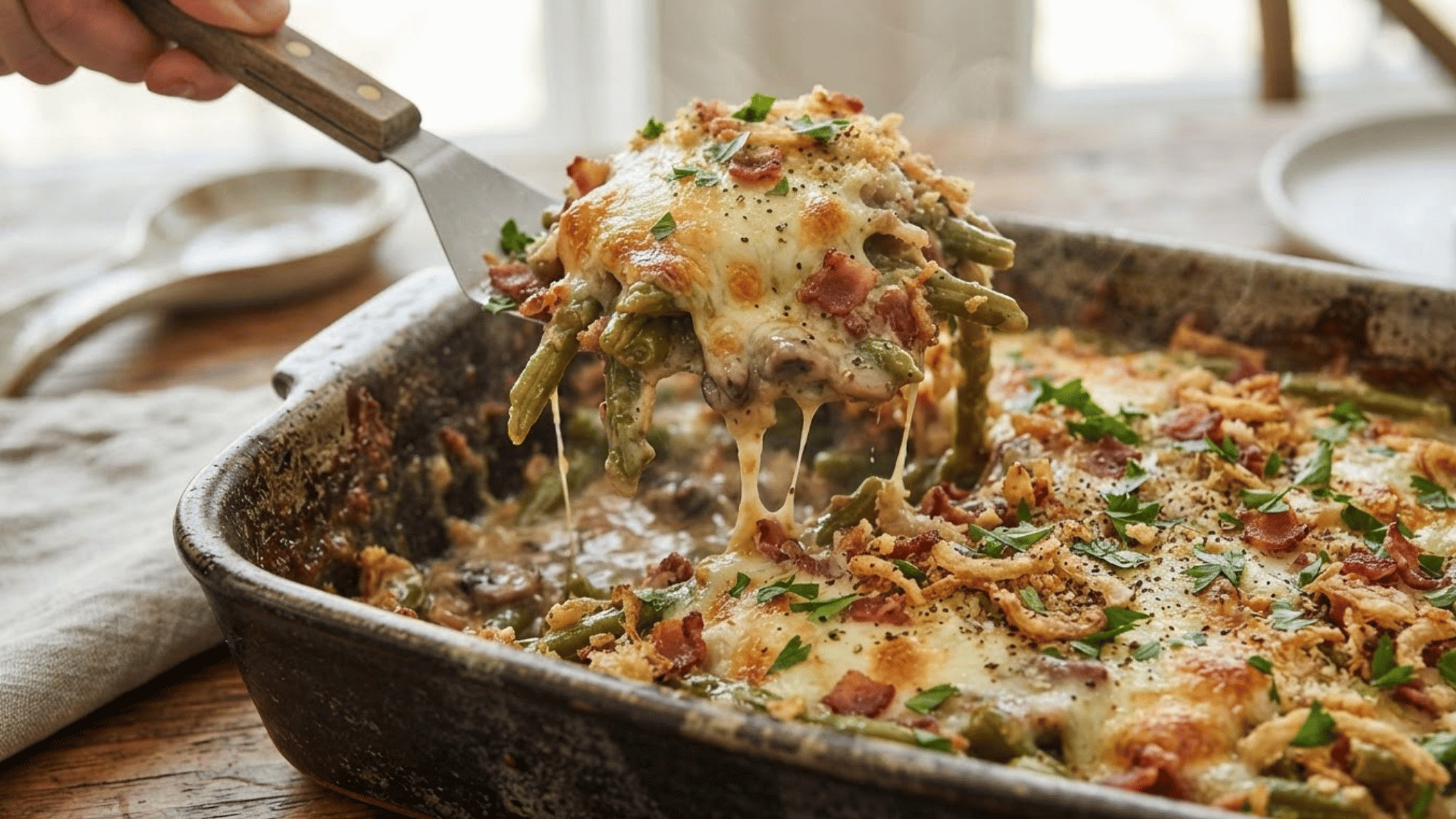 cheesy green beans topped with melted cheese and herbs served in a baking dish for a savory side dish
