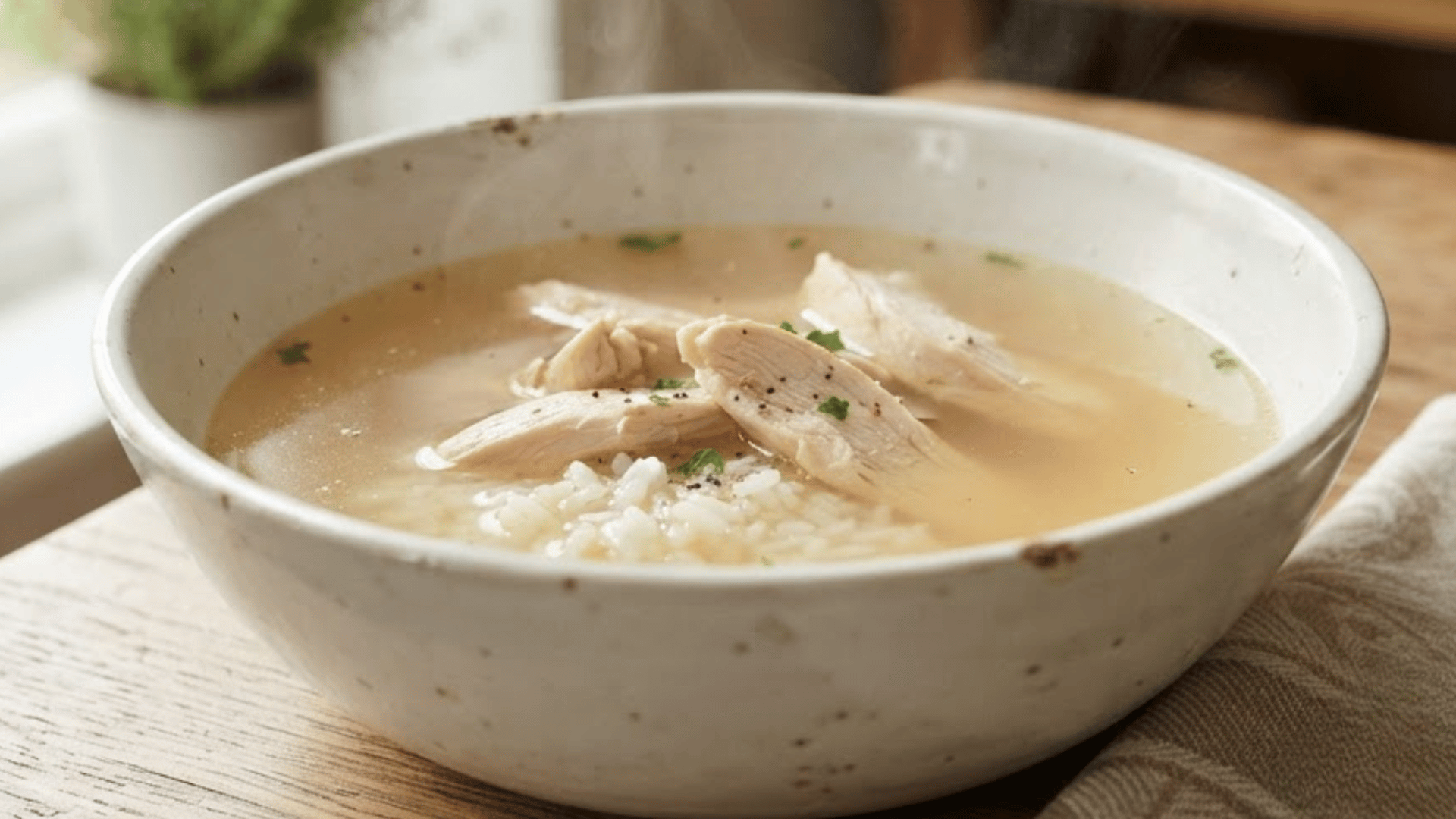 clear chicken broth with rice and tender chicken pieces served warm in a simple ceramic bowl