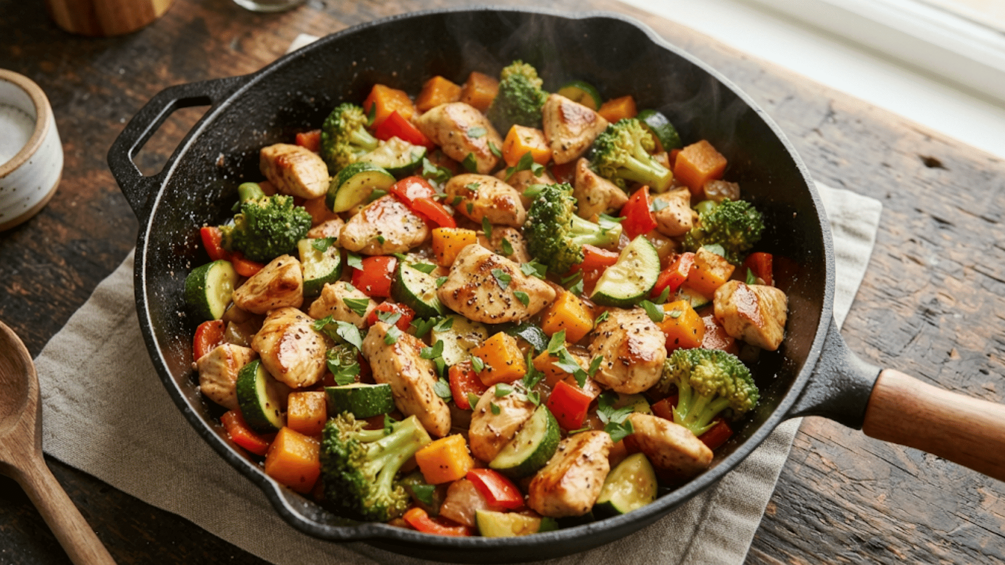 combining cooked chicken vegetables and stir fry sauce in a skillet for a flavorful and savory meal