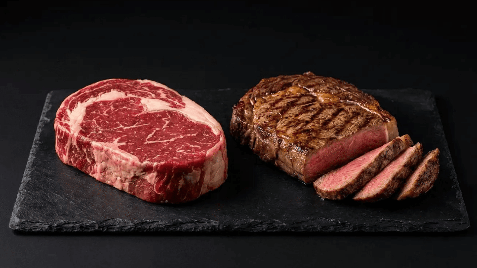 Raw steak beside sliced cooked steak showing the difference before and after cooking