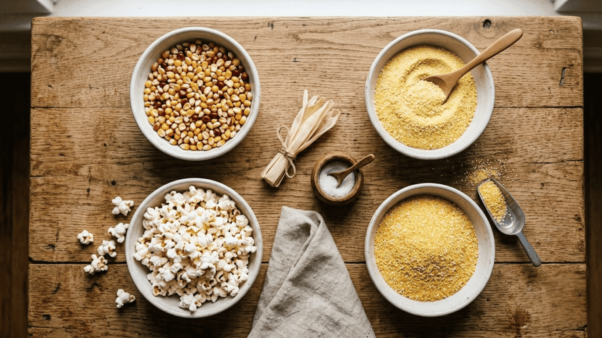 dried corn kernels, popcorn, and cornmeal arranged in bowls on a wooden table