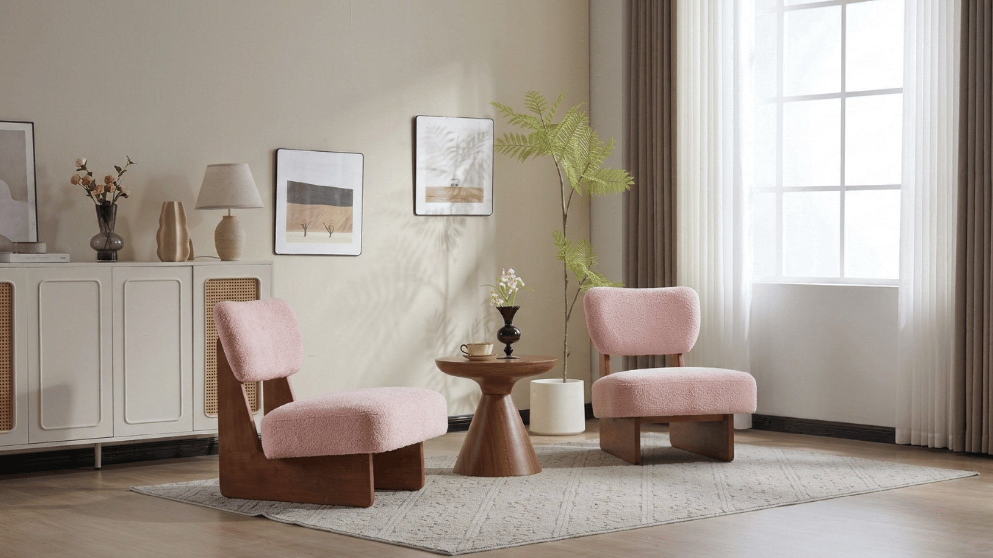 cozy seating corner with pink accent chairs wooden side table indoor plant soft rug and natural window light