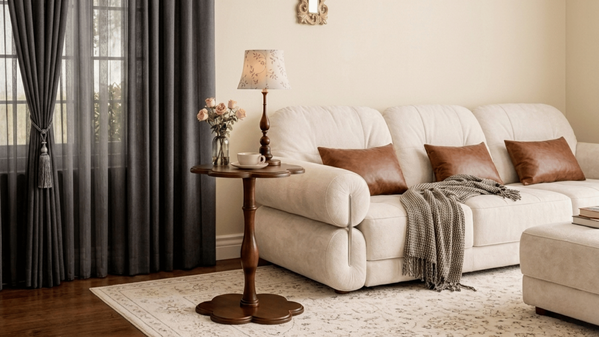 cozy living room with white sofa brown pillows gray curtains wooden side table lamp and floral arrangement
