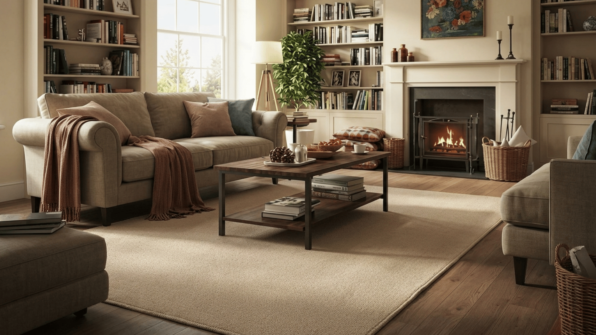cozy living room with beige sofa wooden coffee table fireplace bookshelves soft rug and warm natural light