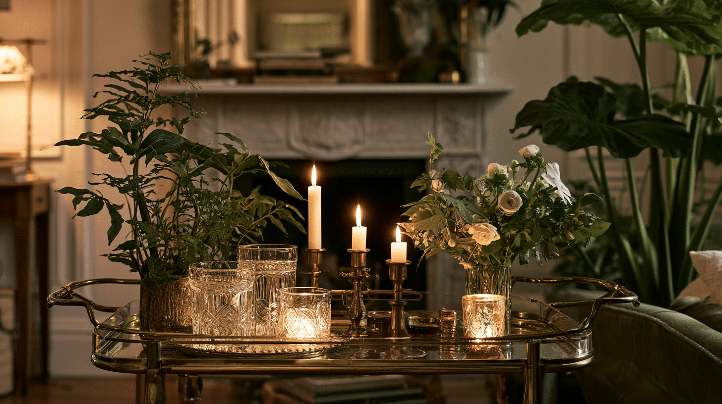 decorative bar cart styled with glassware and candles
