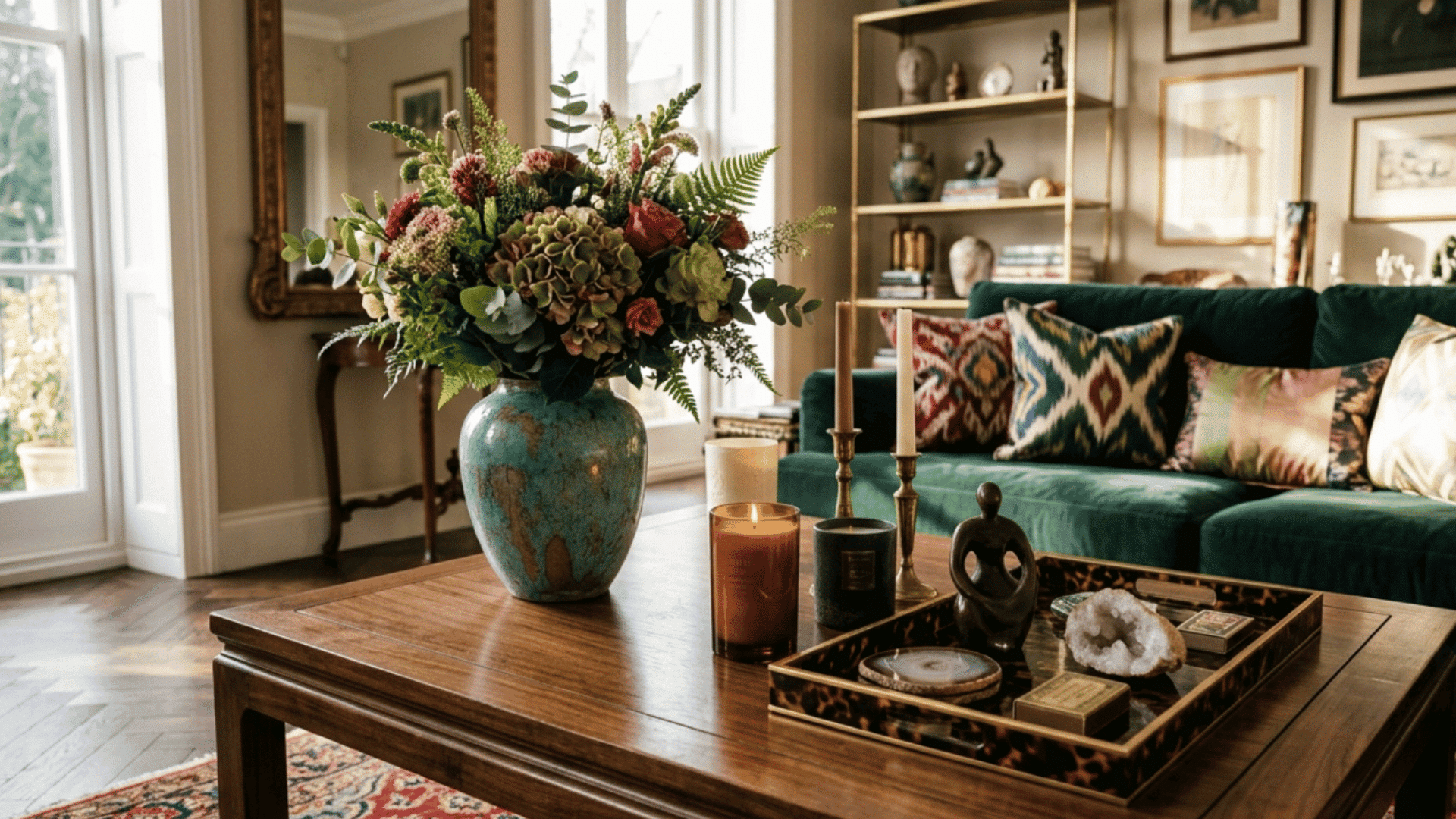 styled coffee table with candles flowers and decorative tray