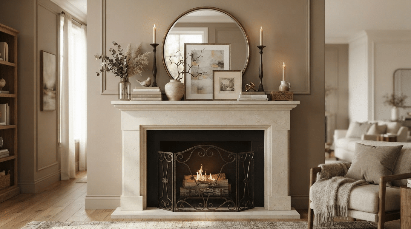 decorative fireplace mantel styled with artwork candles and books