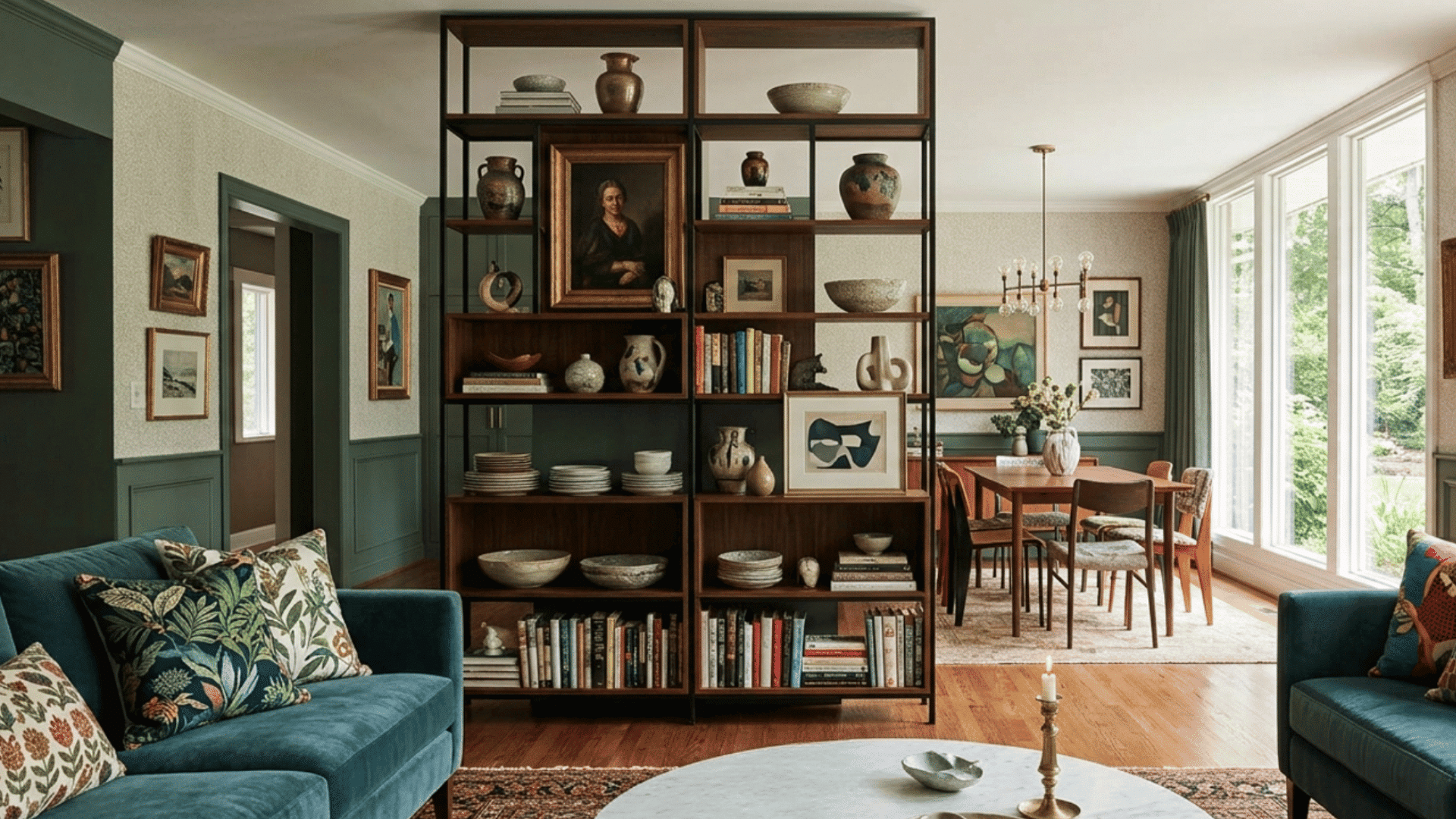bold entrypen shelving room divider with books plants and decorative accessoriesway with patterned wallpaper mirror and colorful console