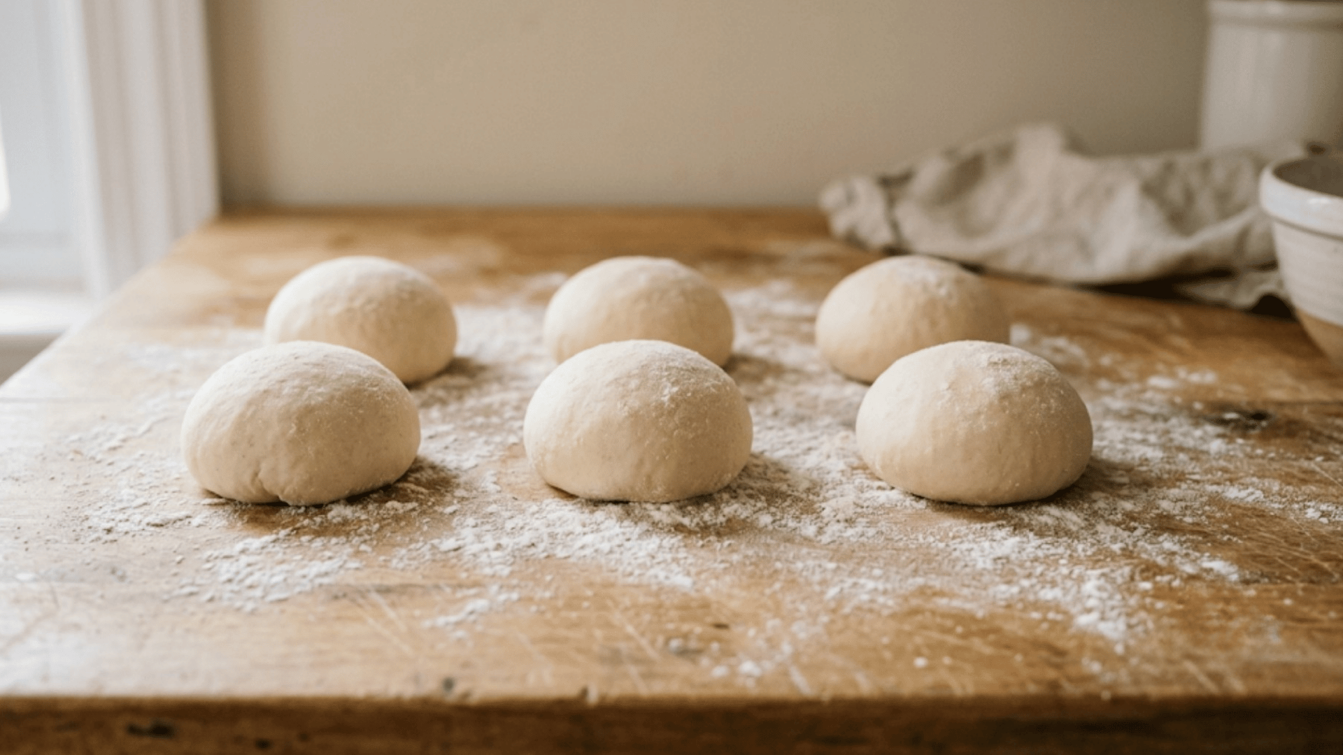 six round dough balls resting on a flour dusted wooden table in a softly lit kitchen ready for baking
