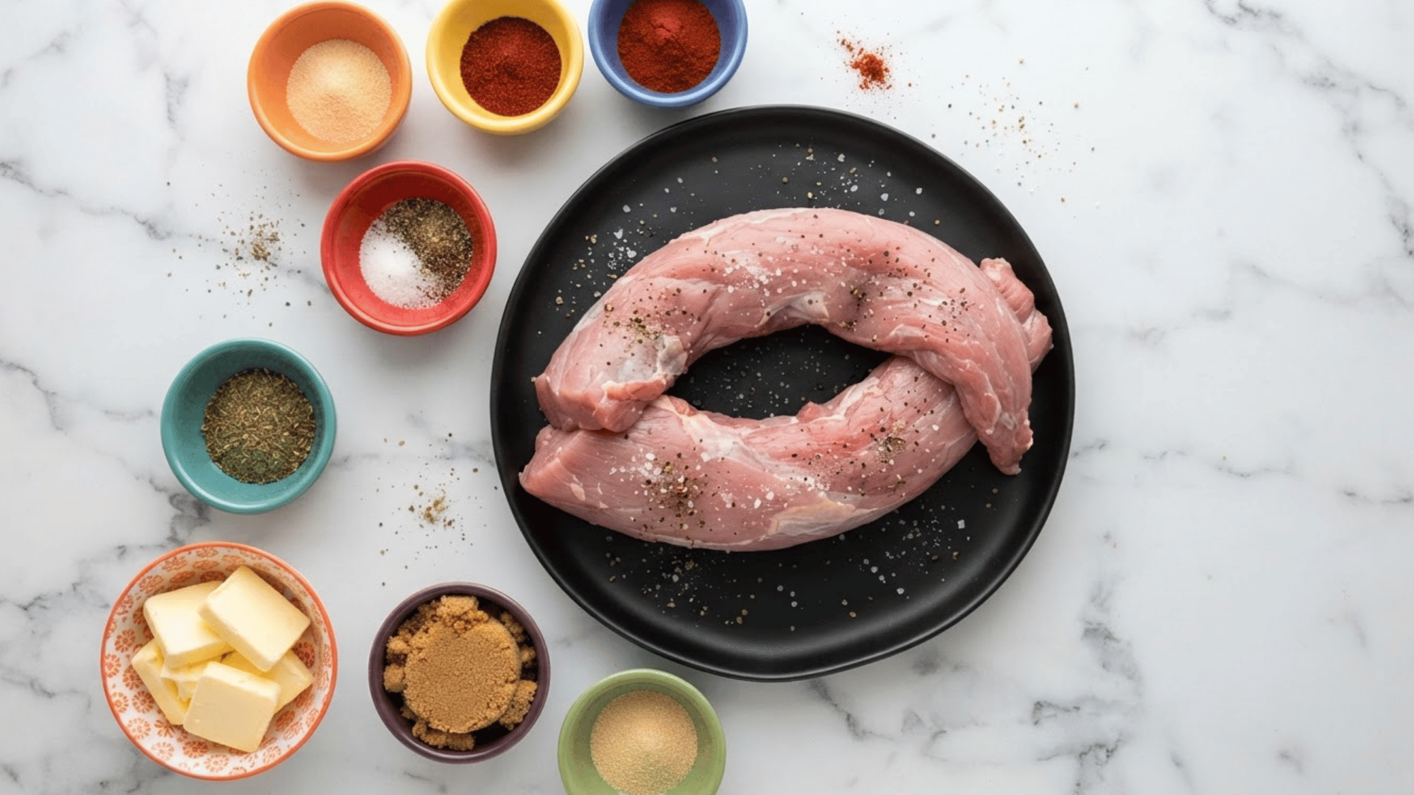 pork tenderloin with fresh herbs spices garlic and seasoning ingredients arranged