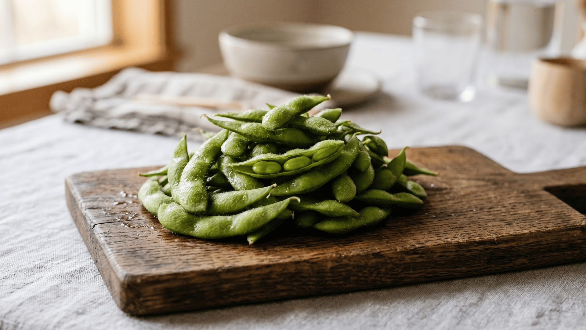 cooked edamame served in a bowl as a lower carb legume option for snacks salads and keto meals