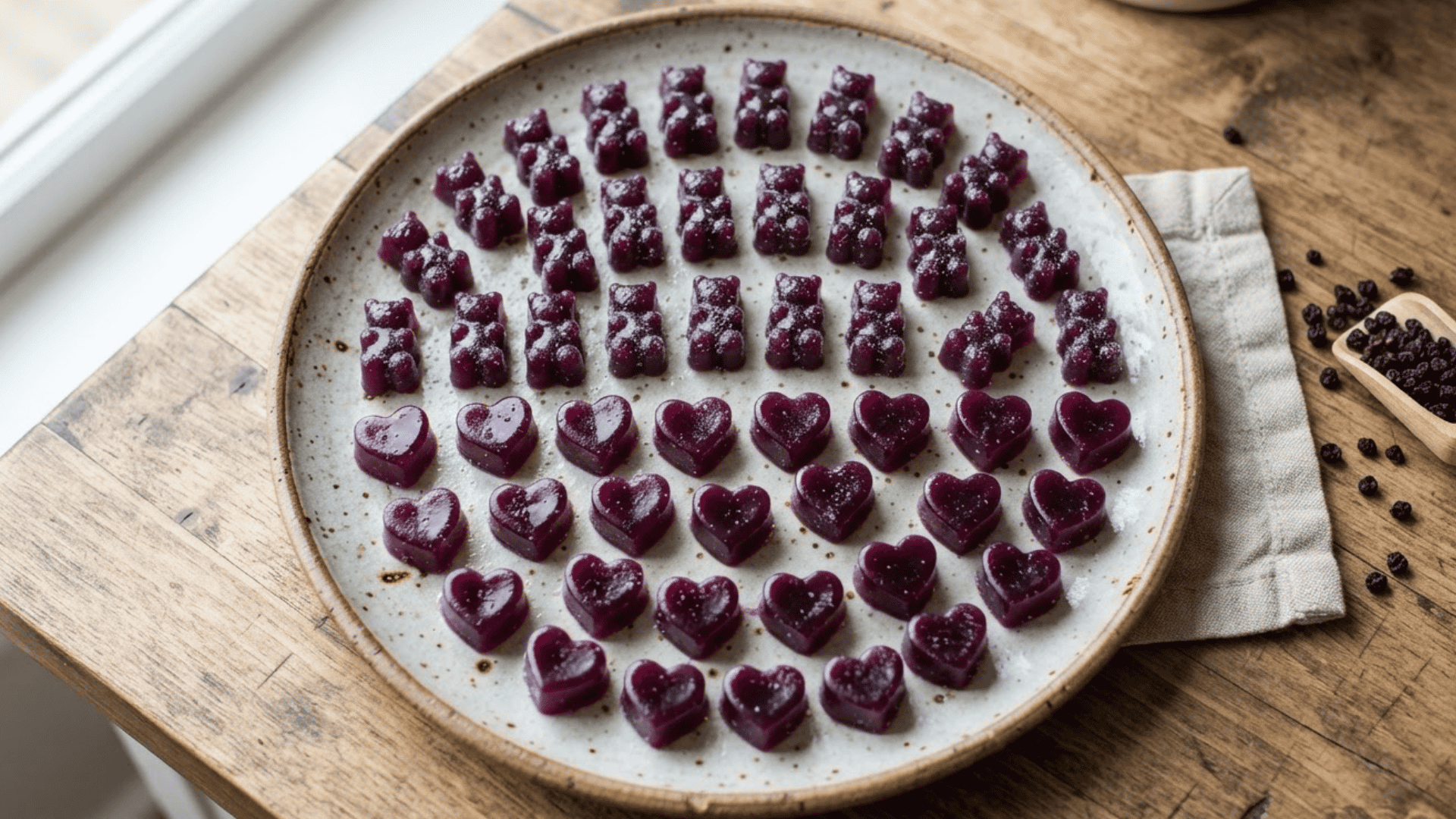 homemade elderberry gummies in bear and heart shapes arranged on a ceramic plate beside dried elderberries