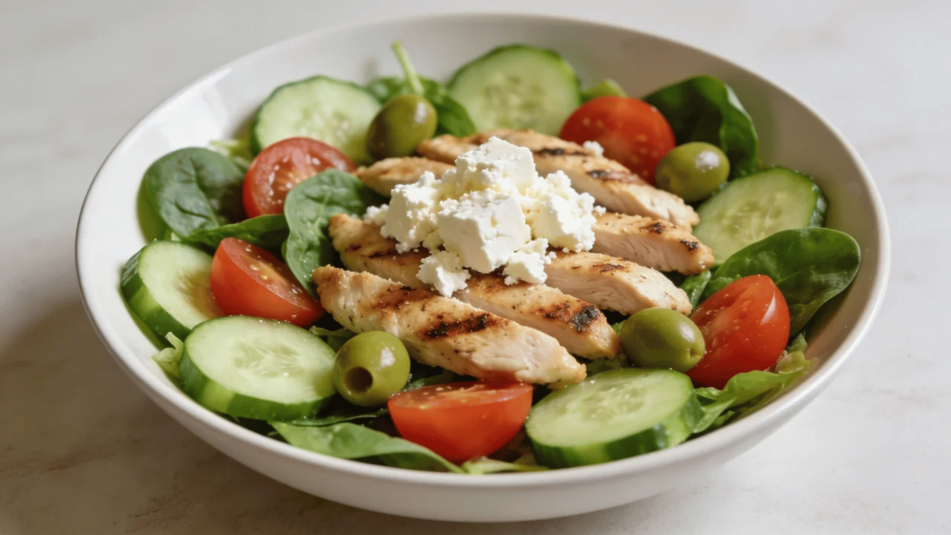 grilled chicken salad with feta cheese cucumber tomatoes spinach and green olives served in a white bowl