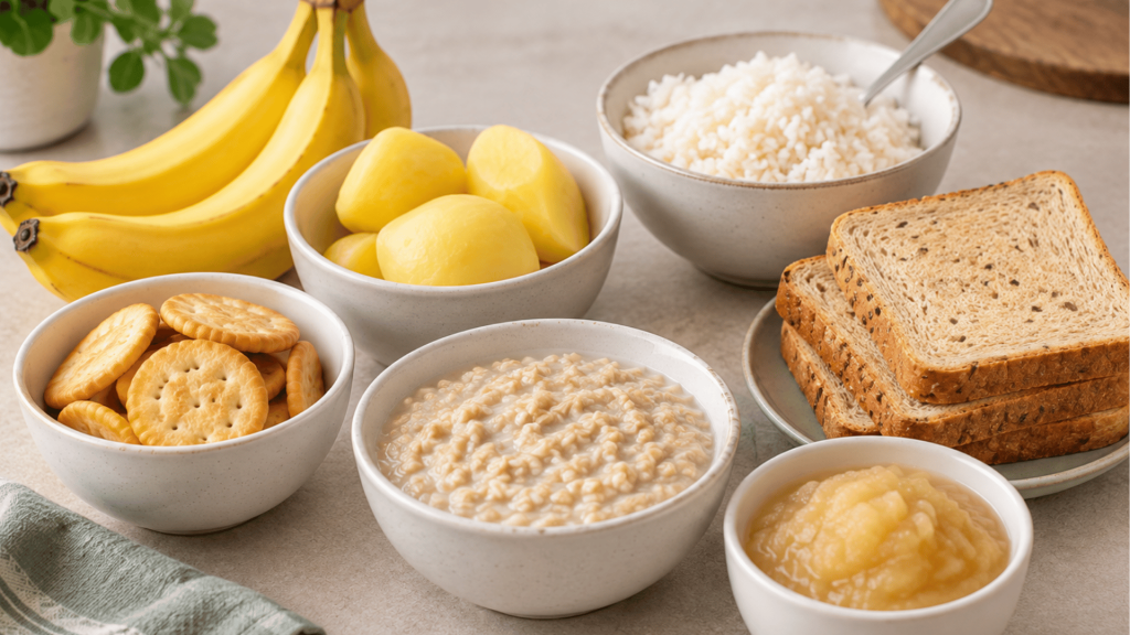 foods to eat during diarrhea including bananas rice potatoes toast crackers oatmeal and applesauce for gentle digestion