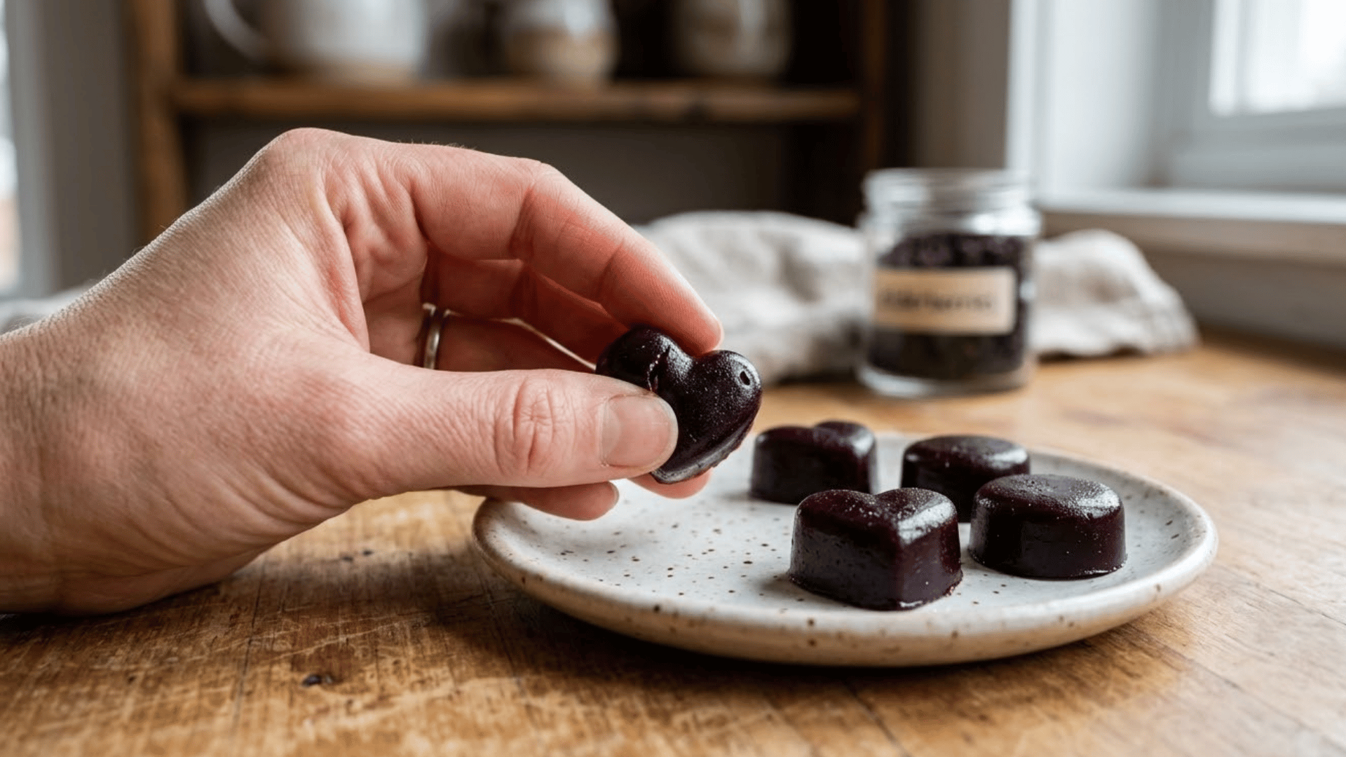 hand holding a firm homemade elderberry gummy above a plate of deep purple gummies on a wooden table.