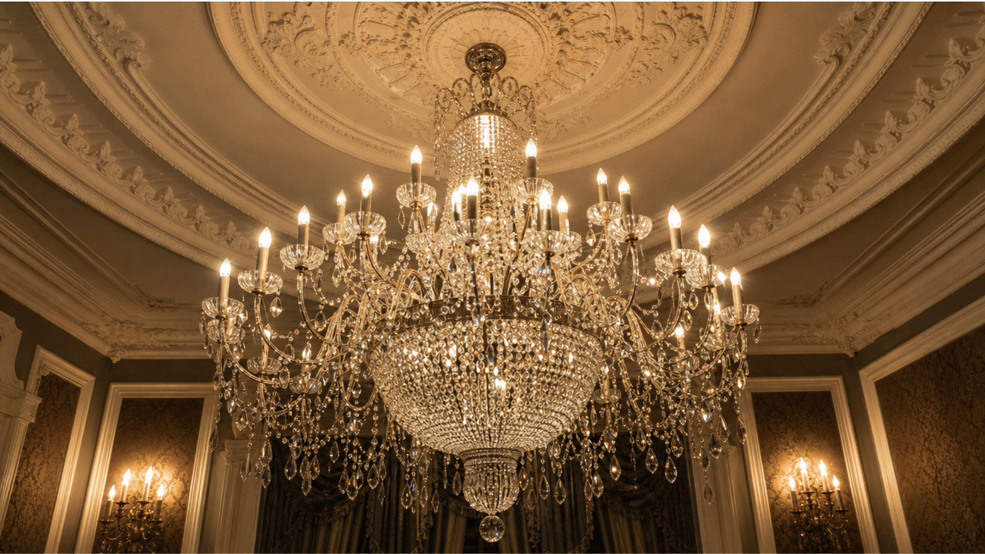 grand victorian crystal chandelier beneath ornate plaster ceiling with decorative molding and elegant lighting