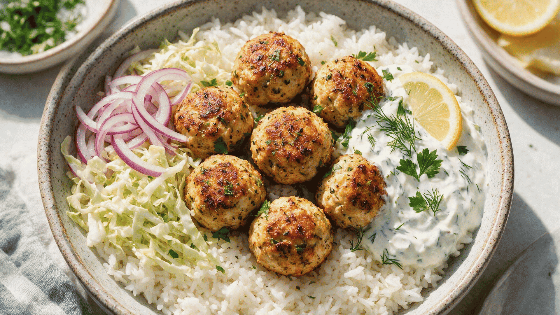 greek chicken meatballs with white rice cabbage red onion tzatziki sauce fresh herbs and lemon