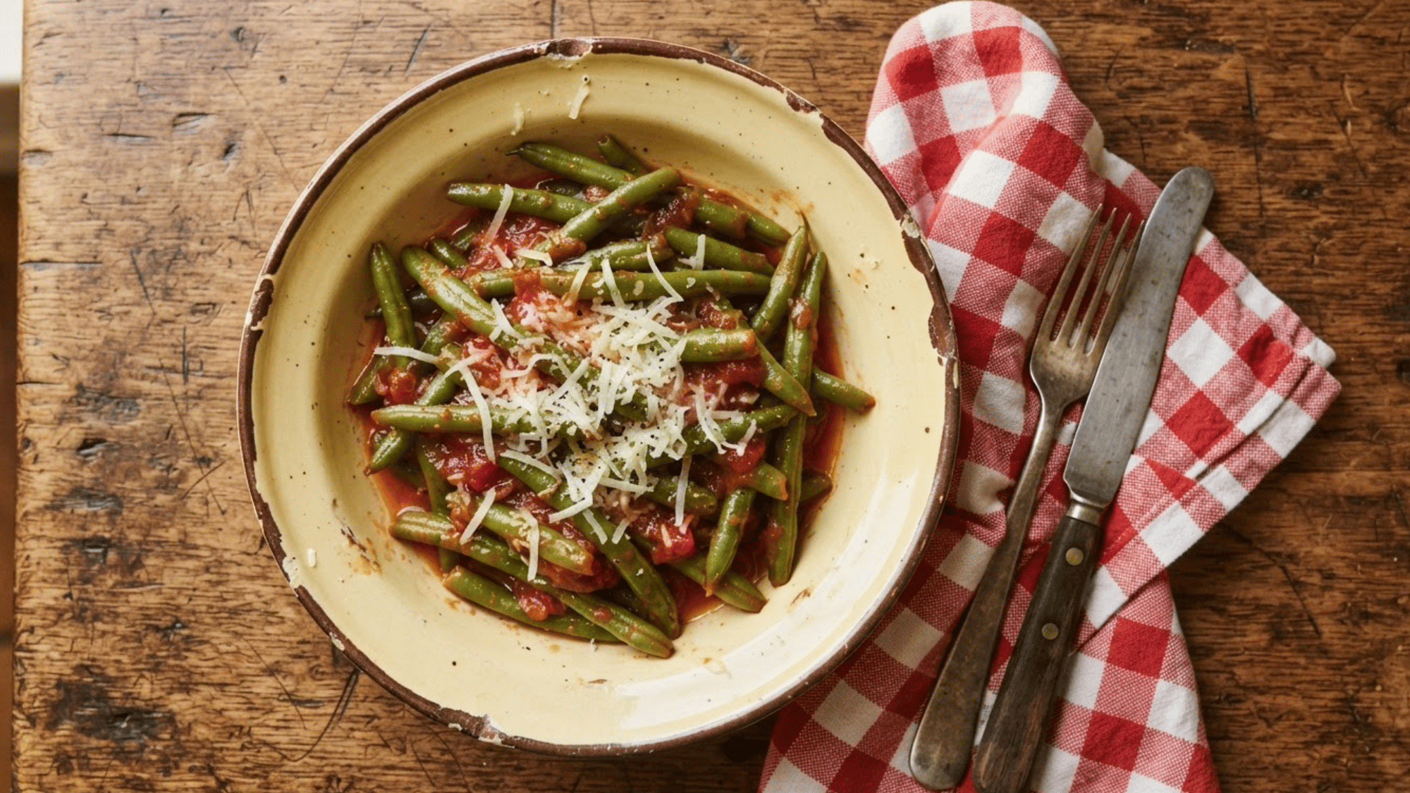 green beans simmered in tomato sauce and topped with grated cheese for a flavorful low carb dish