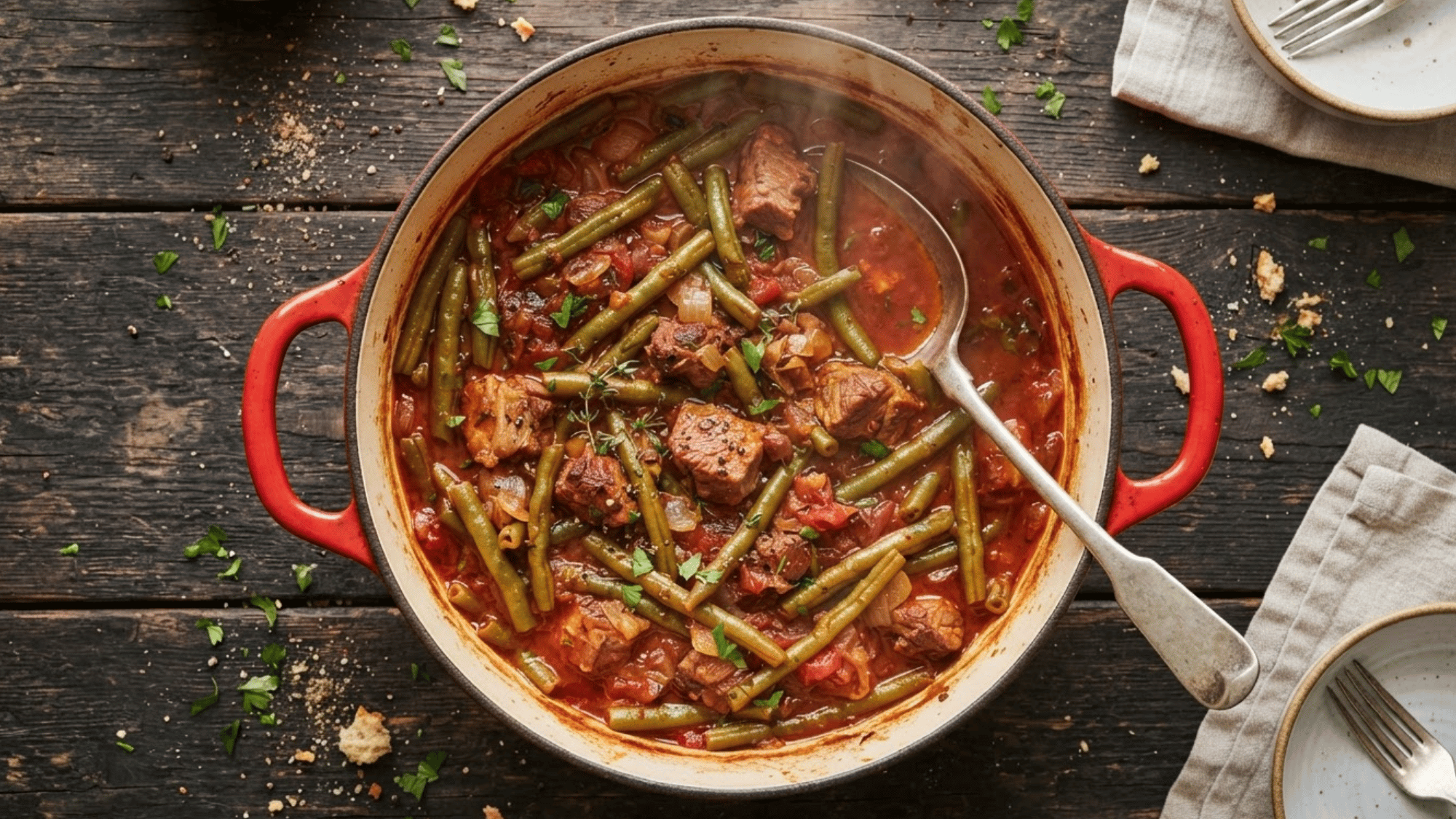 green beans with sliced pork and garlic served in a skillet for a savory homemade dinner dish