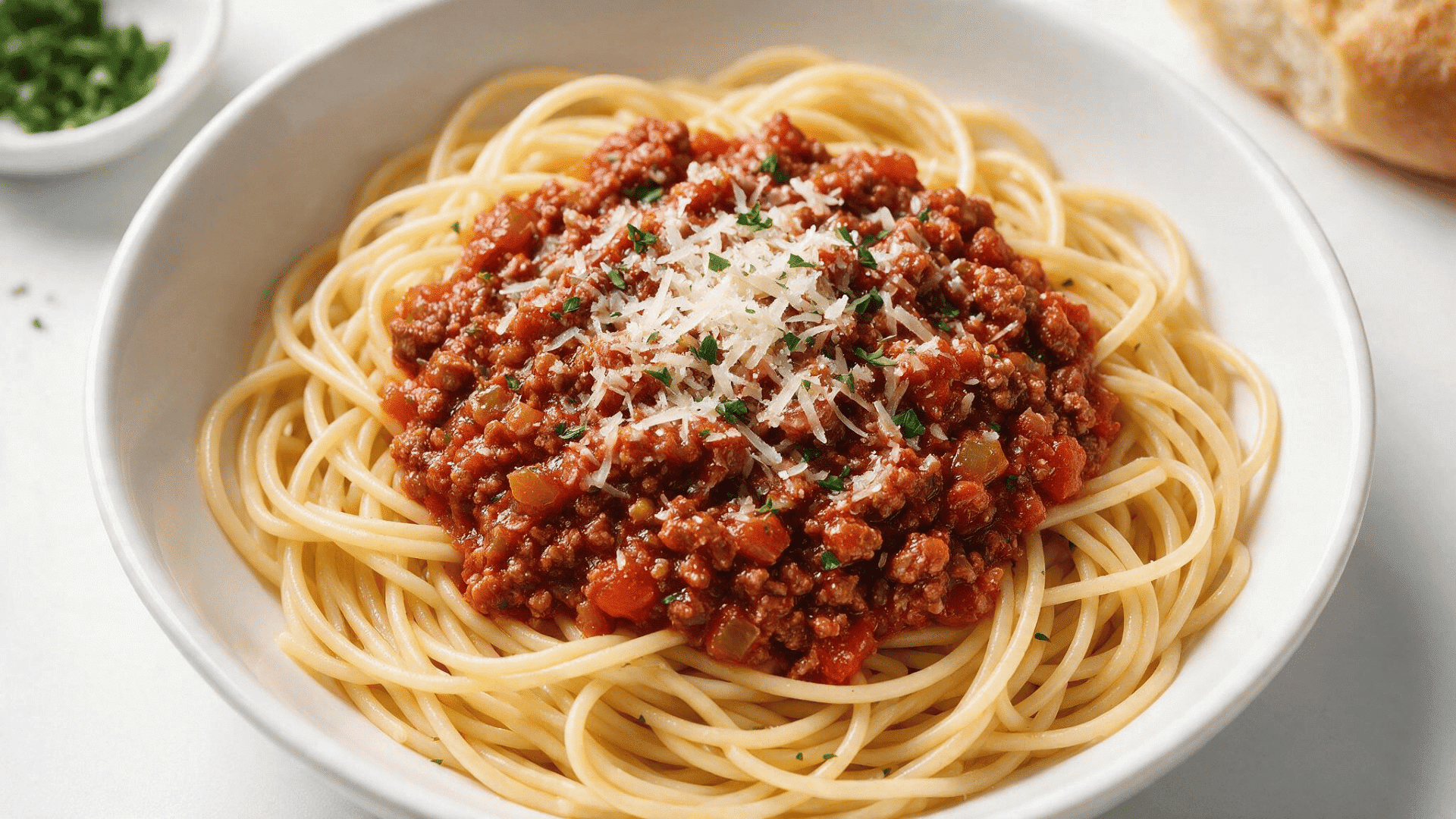 ground chicken Bolognese served over spaghetti with grated Parmesan and fresh parsley