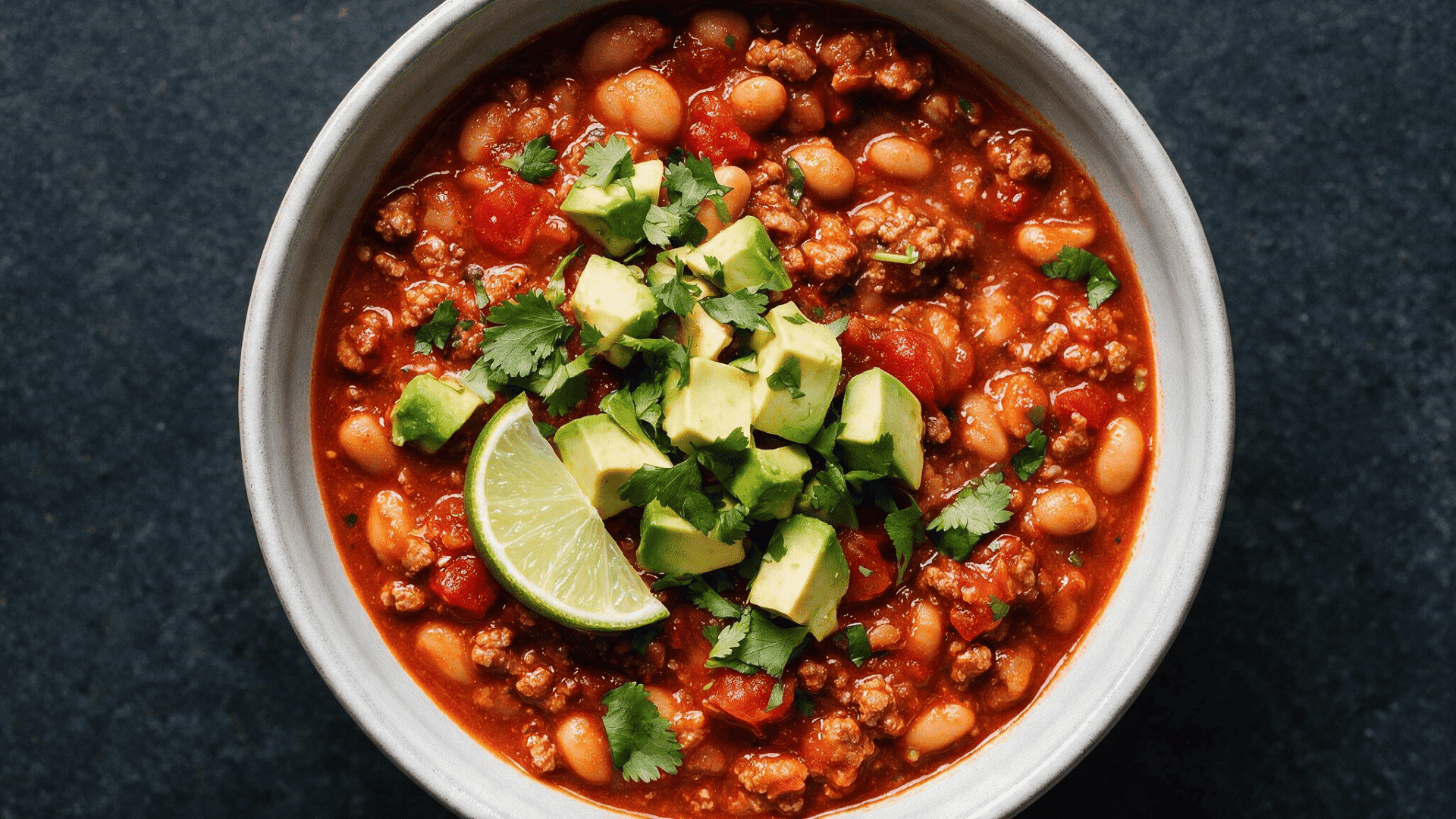 ground chicken chili with beans tomatoes avocado cilantro and a fresh lime wedge
