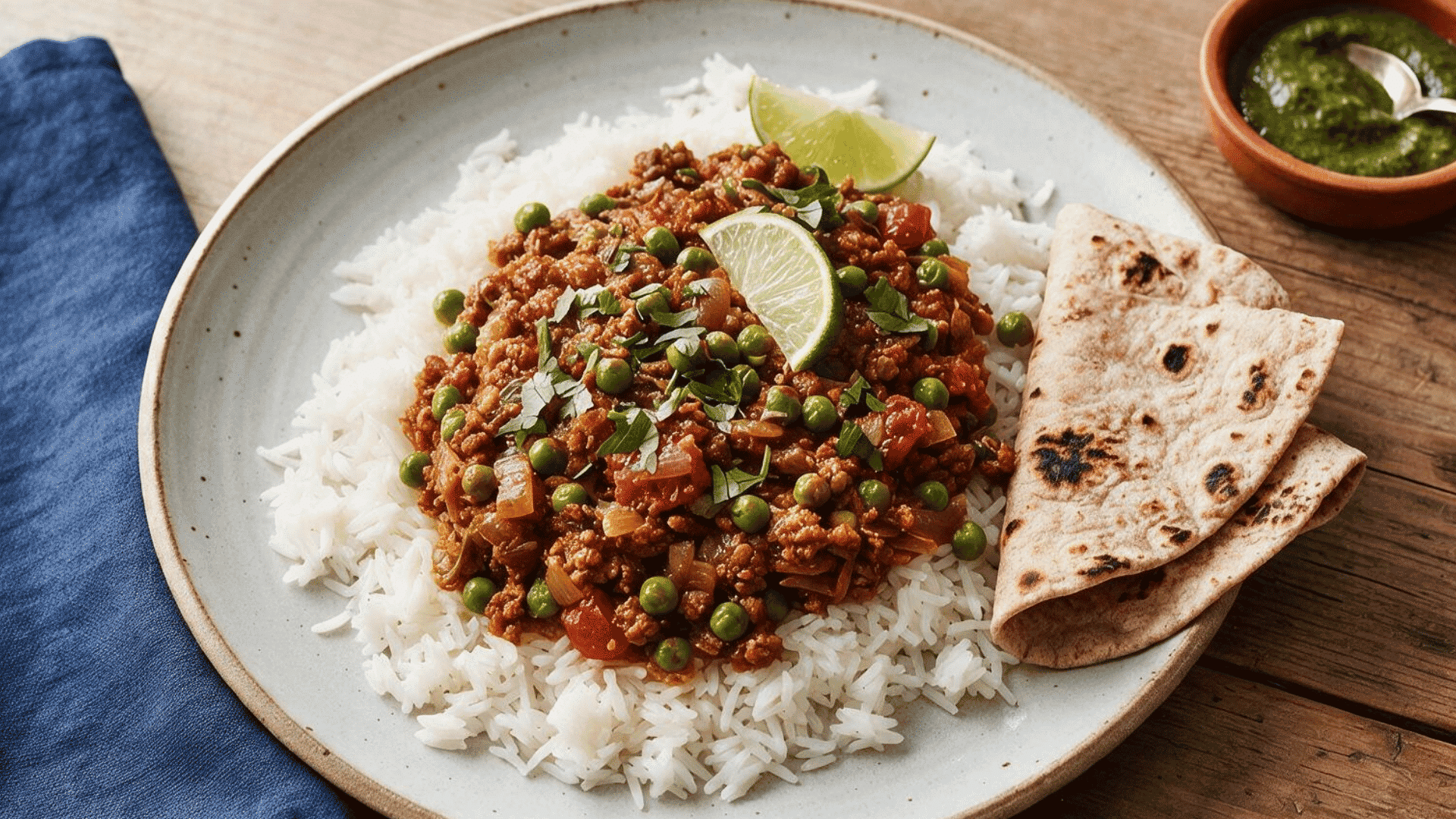 ground chicken keema with peas tomatoes onions and spices served over white rice with warm flatbread