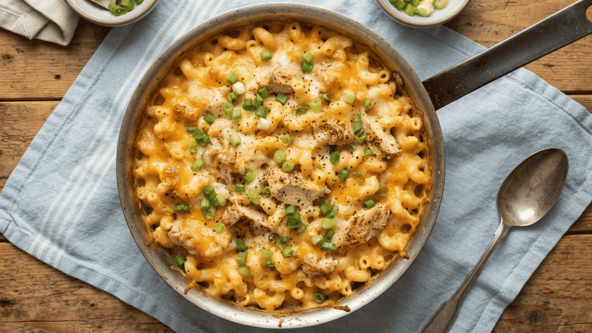 ground chicken mac and cheese with creamy macaroni melted cheese chicken pieces and chopped green onions