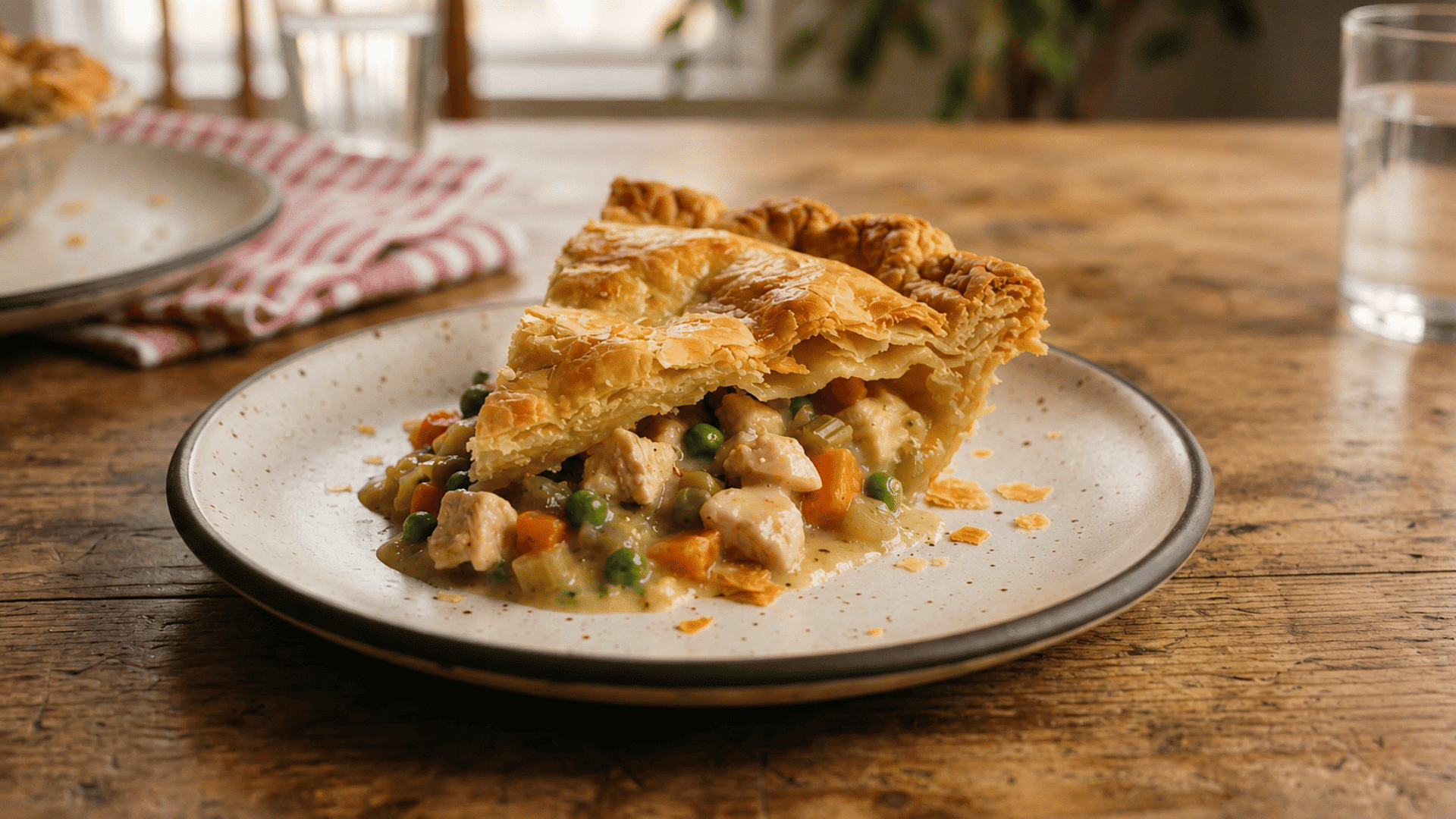 ground chicken pot pie with flaky golden crust creamy chicken filling peas carrots and celery on a plate