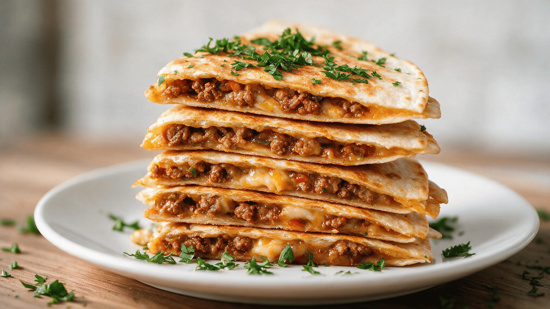 ground chicken quesadillas filled with seasoned chicken and melted cheese topped with fresh parsley