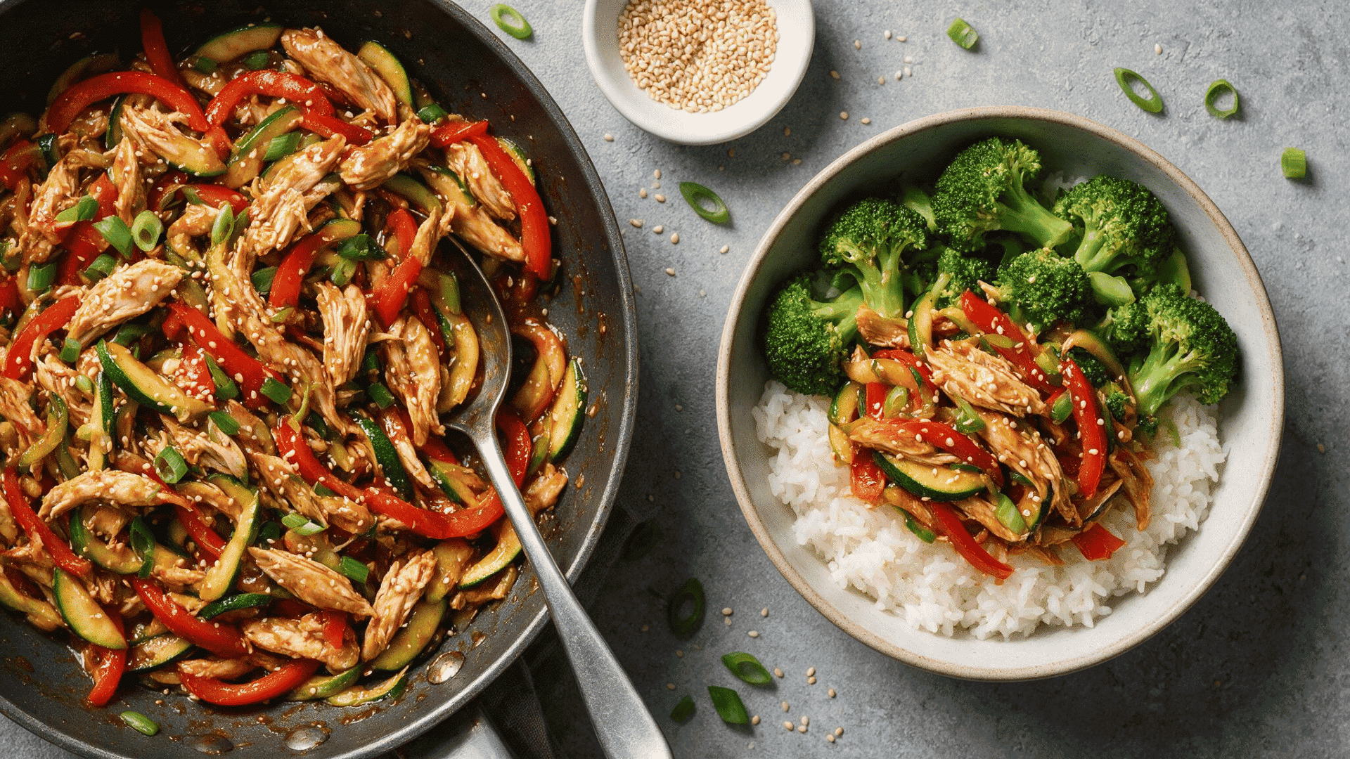 ground chicken stir-fry with broccoli zucchini red peppers sesame seeds and white rice