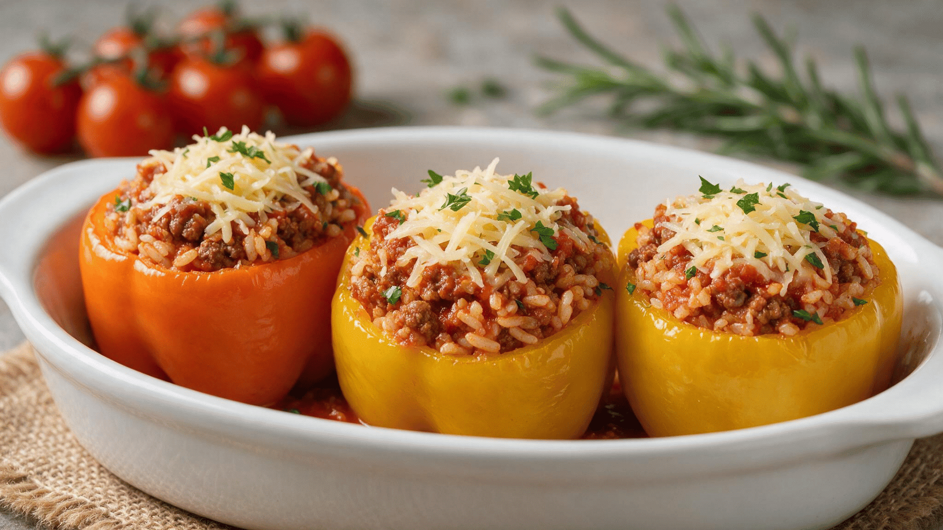 ground chicken stuffed peppers with rice tomato sauce and melted cheese