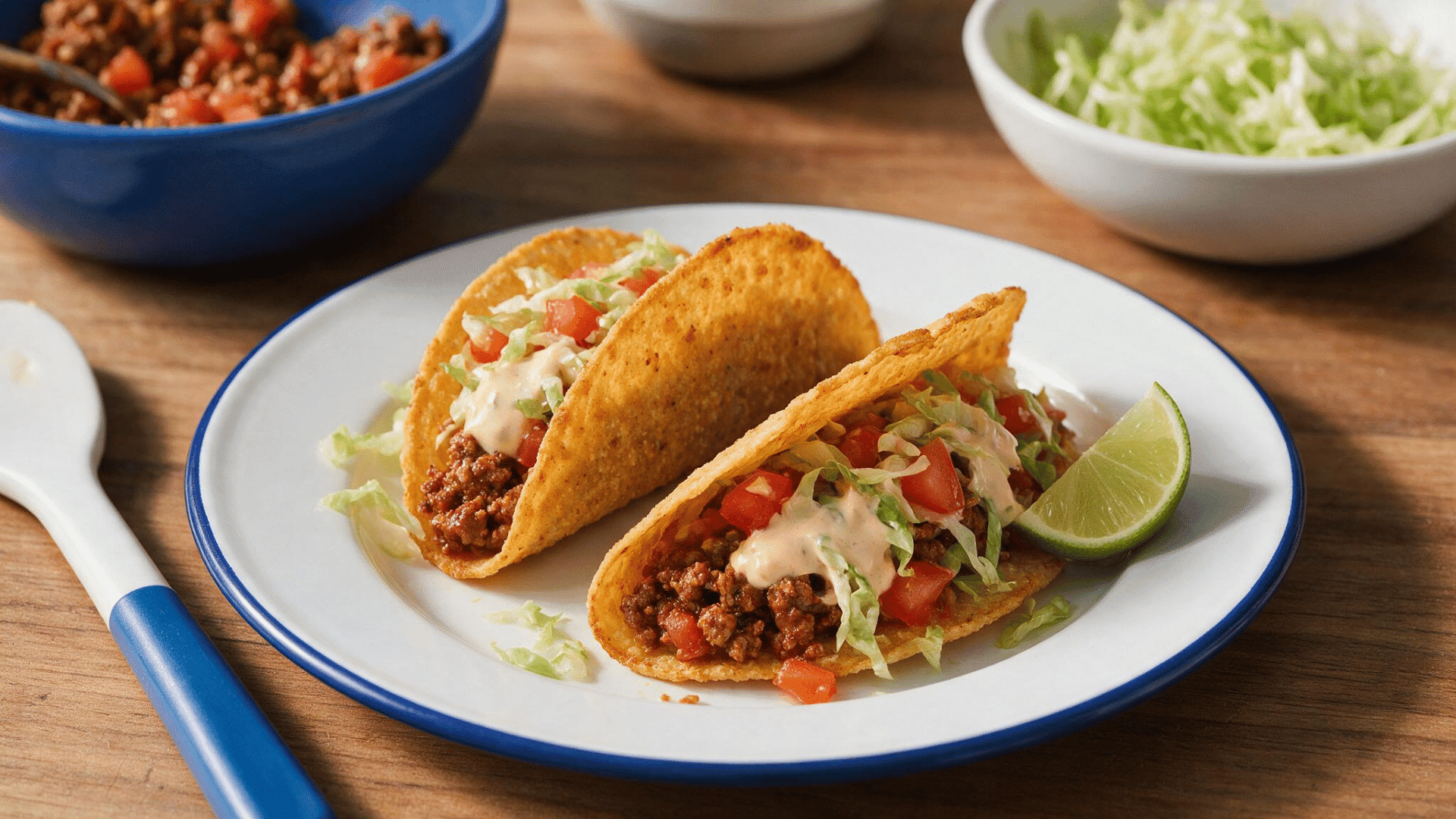 ground chicken tacos topped with shredded lettuce diced tomatoes creamy sauce and a lime wedge