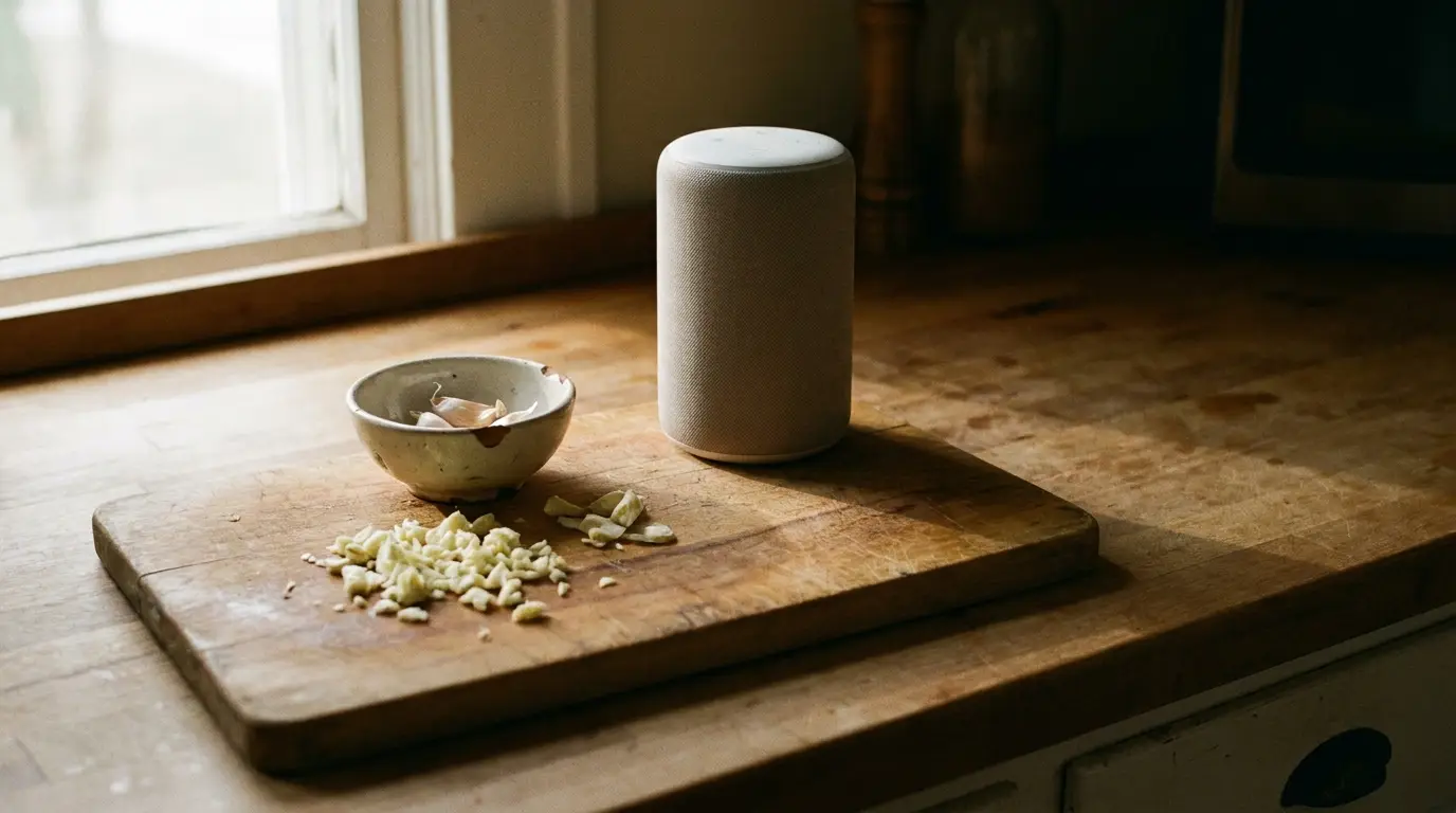 Smart speaker and chopped garlic on wooden kitchen countertop next to window