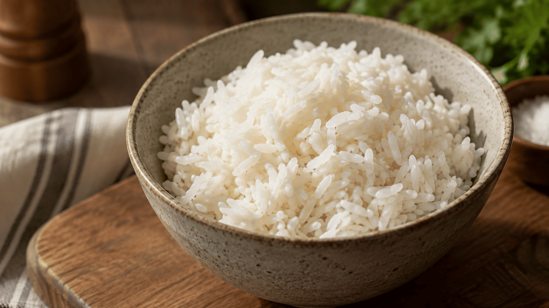 bowl of fluffy cooked white rice served on a wooden board highlighting simple rice health benefits