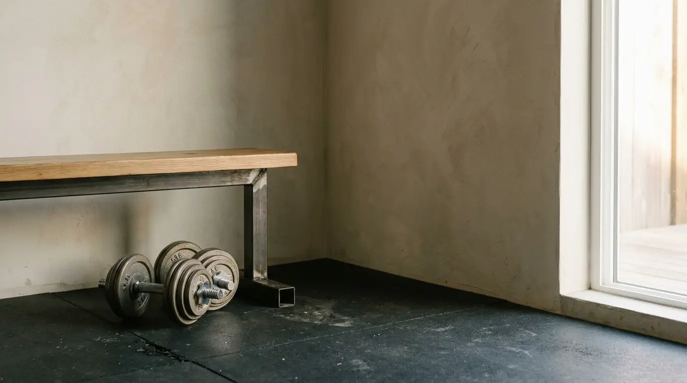 Dumbbells on floor next to wooden bench in minimalist home gym with natural light