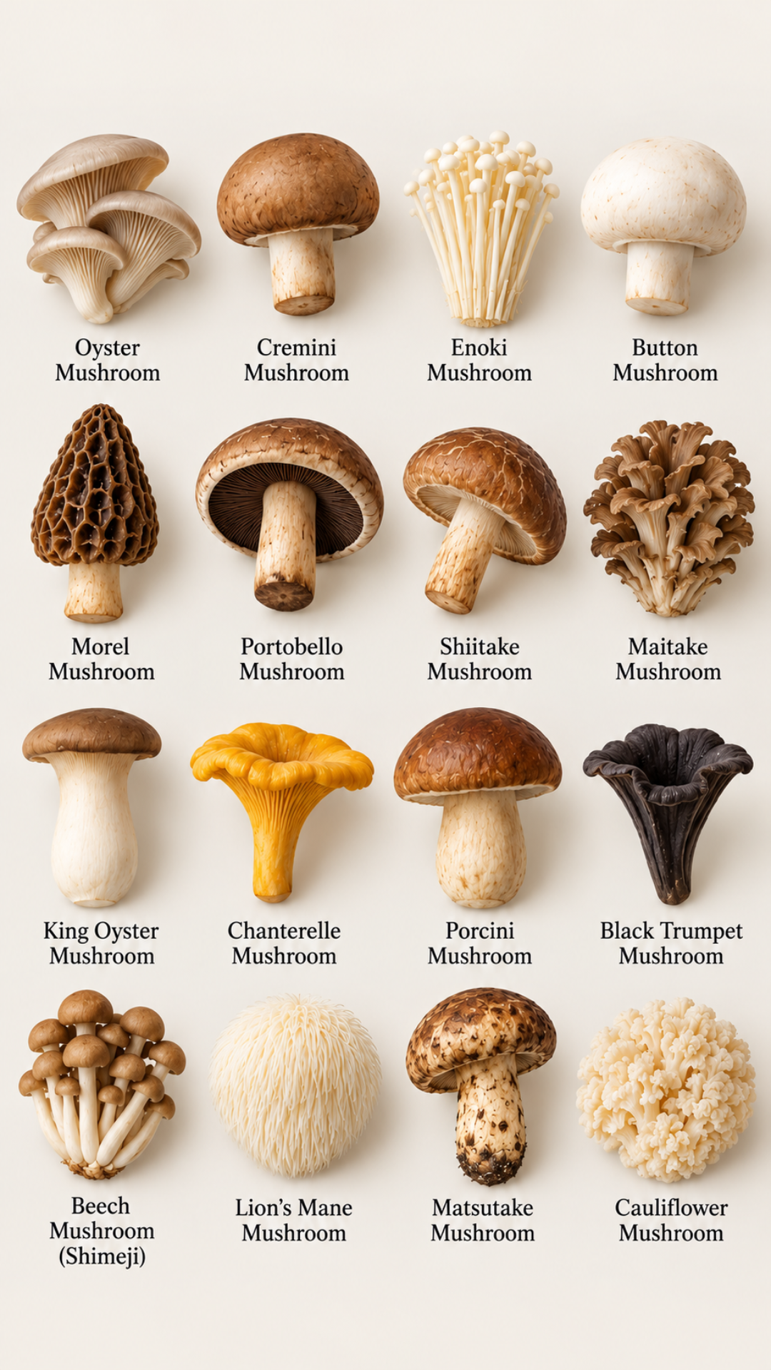 mushroom varieties in a labeled grid including button shiitake oyster enoki morel and lions mane
