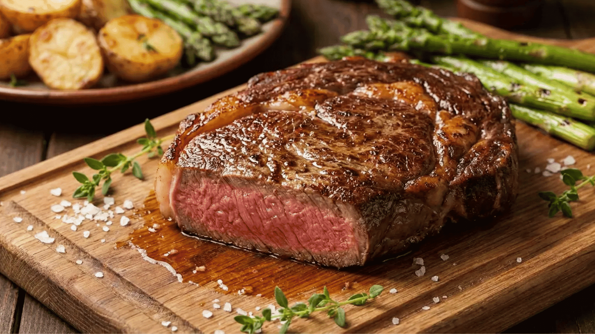 Medium rare ribeye steak on a wooden board with herbs roasted potatoes and asparagus