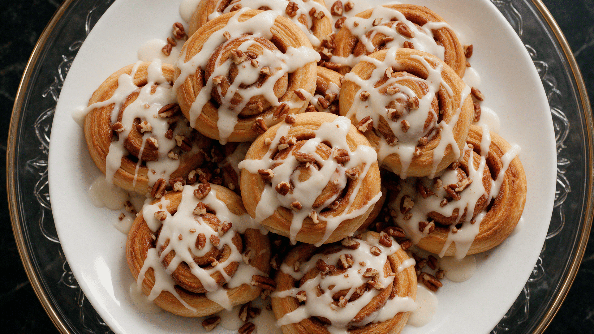 tortilla cinnamon rolls topped with creamy icing and chopped pecans arranged on a white serving plate