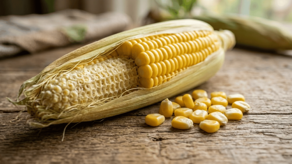fresh corn on the cob with loose yellow kernels on a rustic wooden table