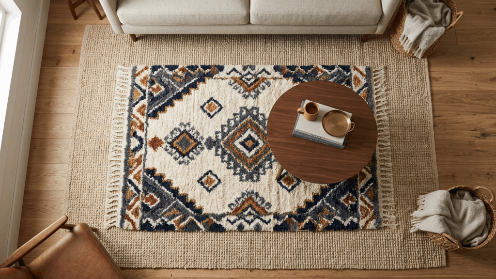 a view of a living room with a wooden coffee table and a geometric patterned shag rug layered over a woven jute rug