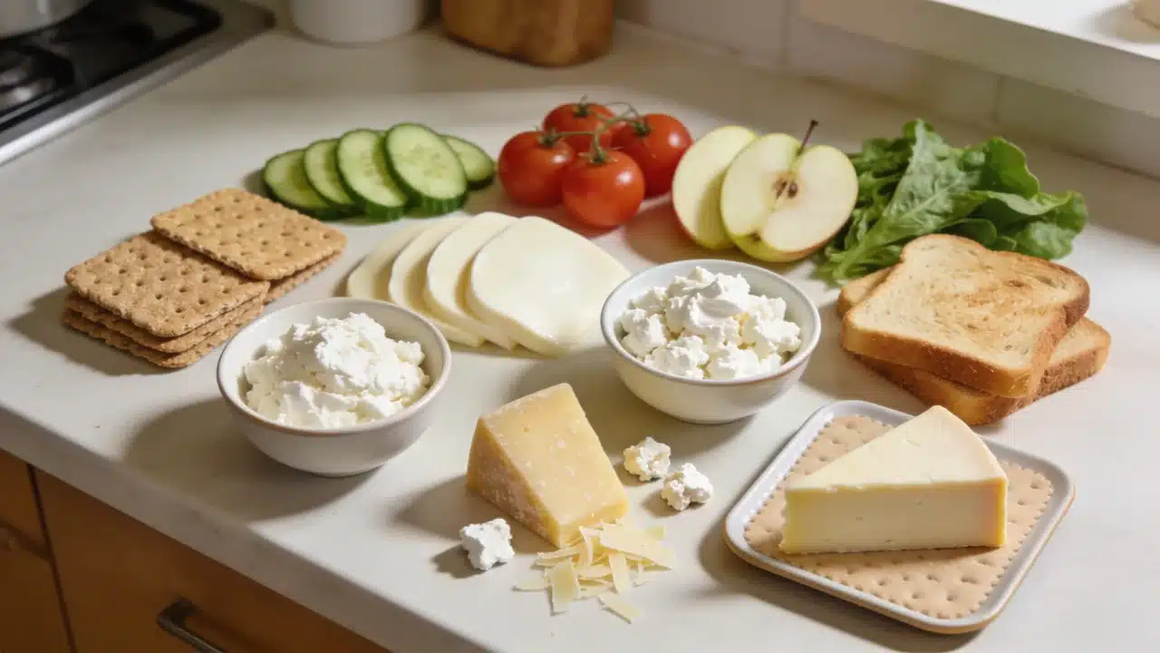lowest calorie cheese options served with crackers toast and fresh fruits and vegetables