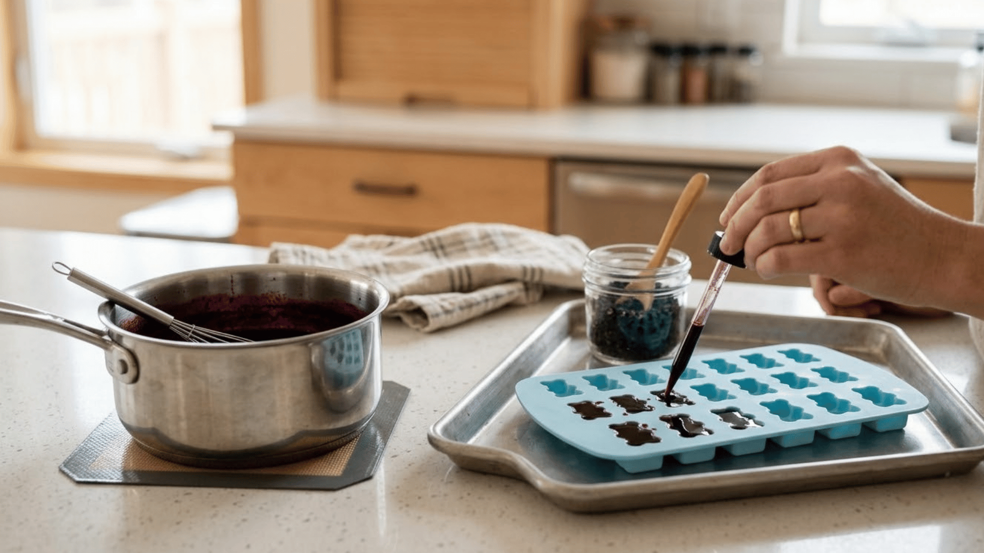 Elderberry gummy mixture being added to silicone molds with a dropper beside a saucepan in a home kitchen