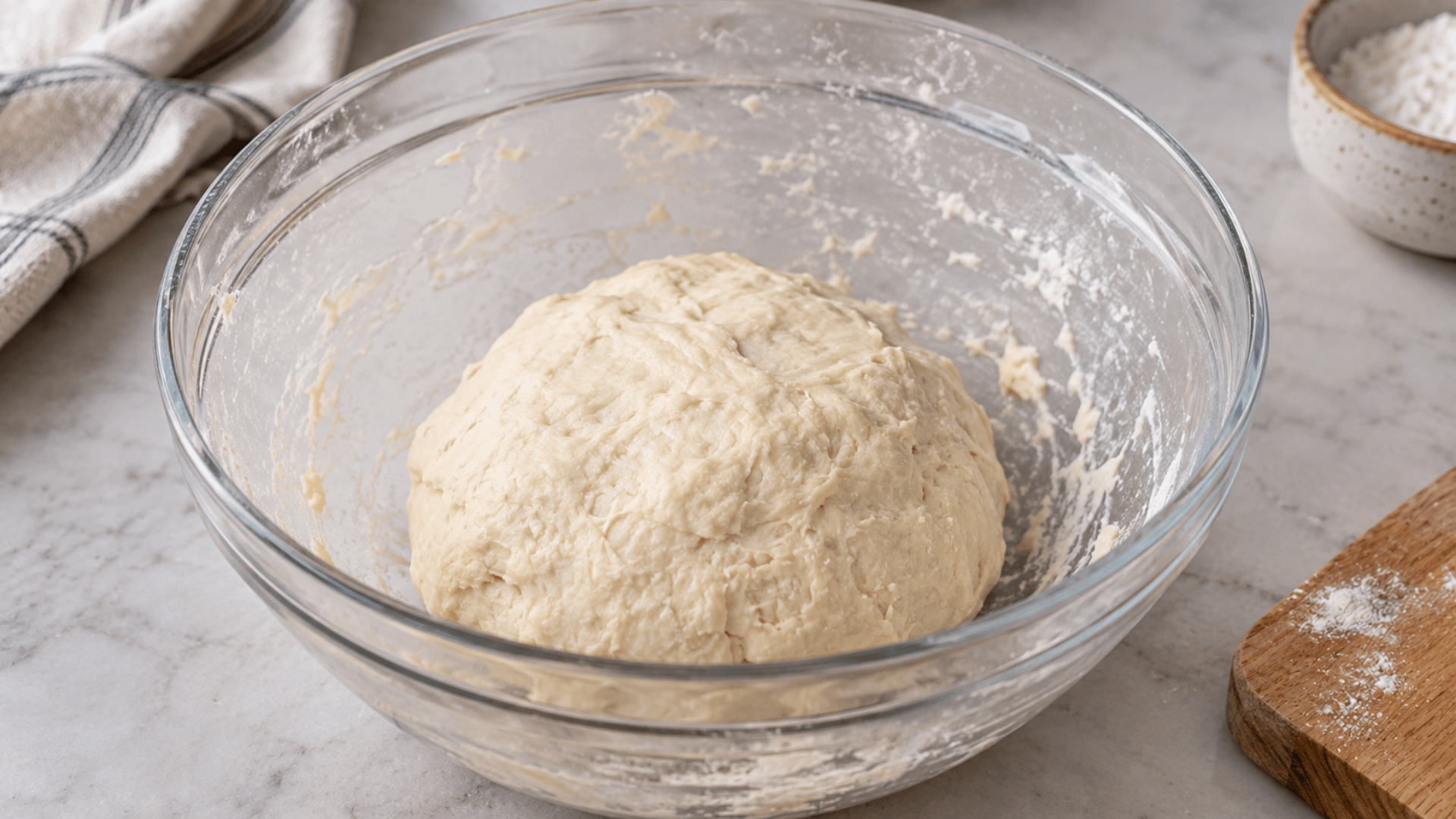 a ball of freshly mixed dough resting in a clear glass bowl with flour and baking tools nearby