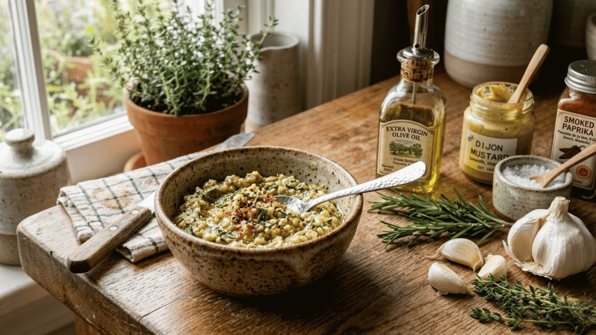 bowl of garlic herb seasoning rub beside olive oil dijon mustard paprika rosemary thyme and garlic